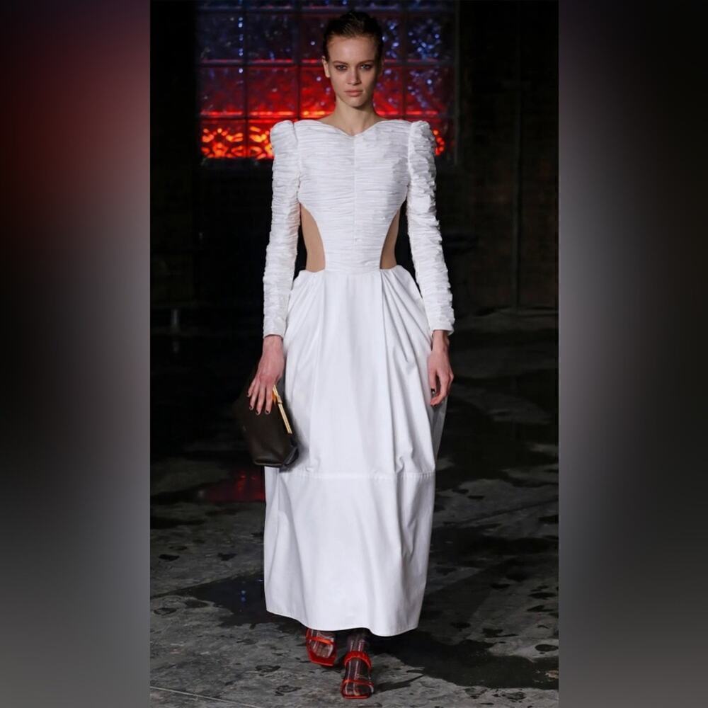 Khaite White Rosaline ruched open back crystal embellished cotton twill dress 8
